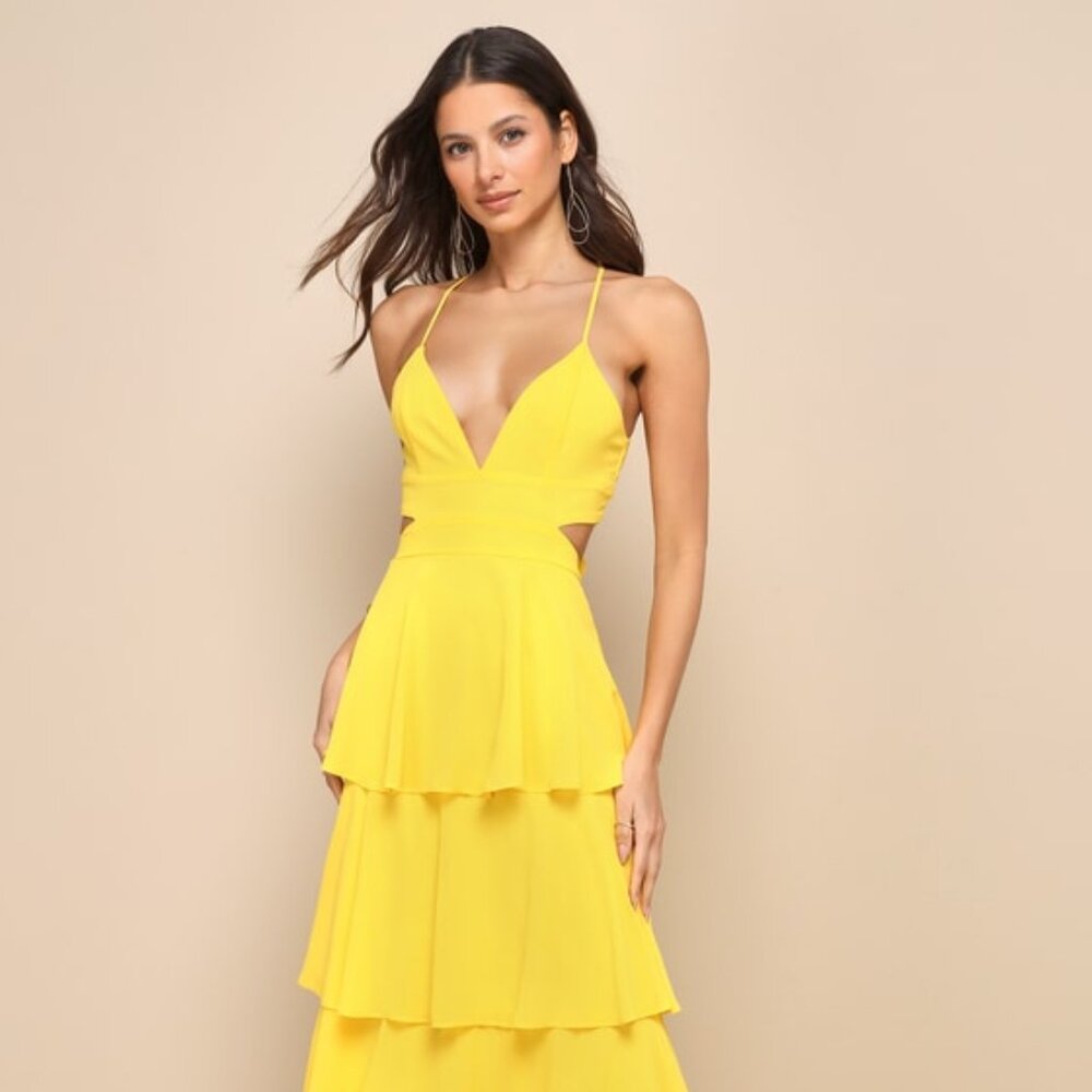Lulus Tier And Now Yellow Tie-back Tiered Maxi Dress - Size XS